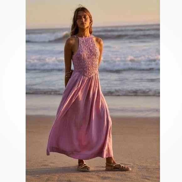 Free People Fp Beach Free-Est Gitana  Maxi Dress Linen Pleated Billowy Smocked - Picture 2 of 10